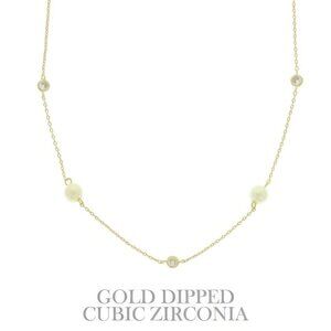 Gold Plated Pearl & Cz Station Necklace